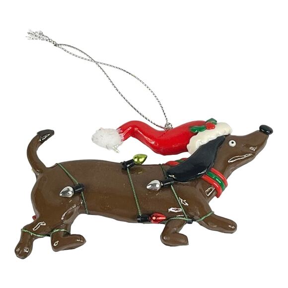 VTG Holiday DACHSHUND DOG ORNAMENT 5" Tangled In Christmas Lights w/ Santa Hat - Picture 6 of 6